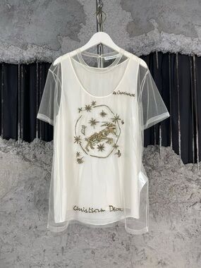 🚩steal Dior Ivory Mesh Short Sleeve Tee with Gold Embroidery